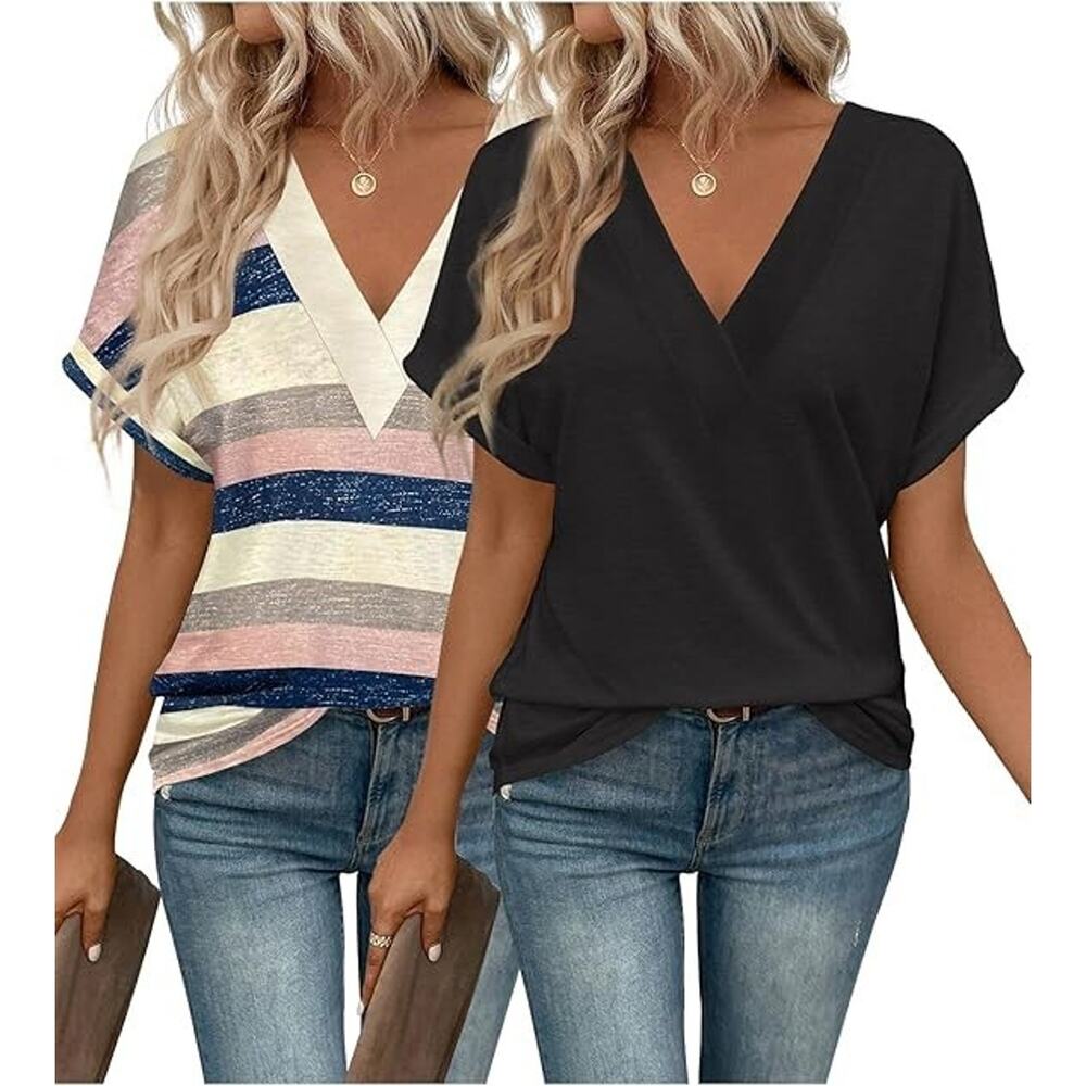 Eymuse 2PCS T Shirts 2XL Short Sleeve V Neck T-shirt Womens Fashion Tops Striped